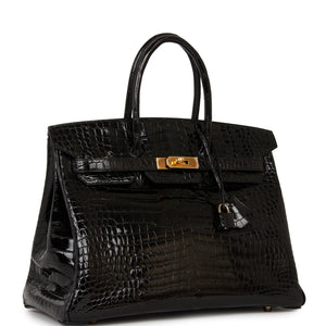 Hermes Birkin 35 Black Shiny Porosus Crocodile Gold Hardware