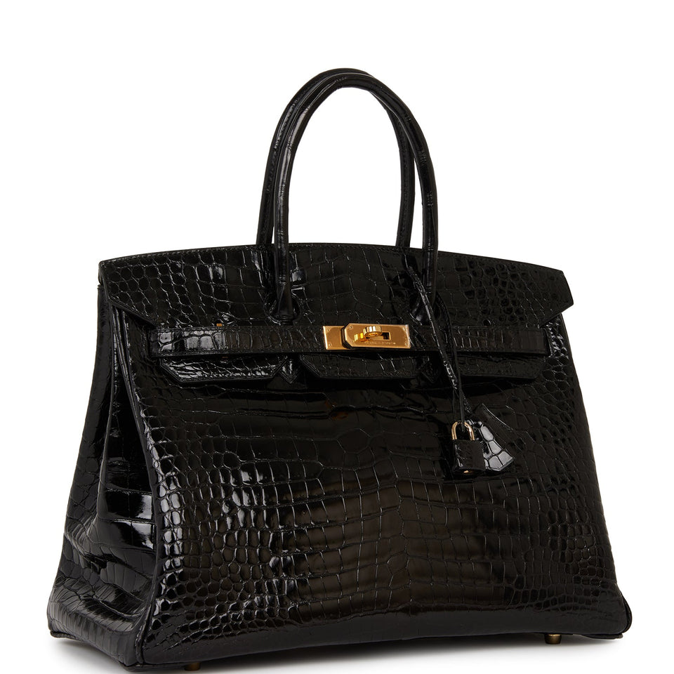 Hermes Birkin 35 Black Shiny Porosus Crocodile Gold Hardware
