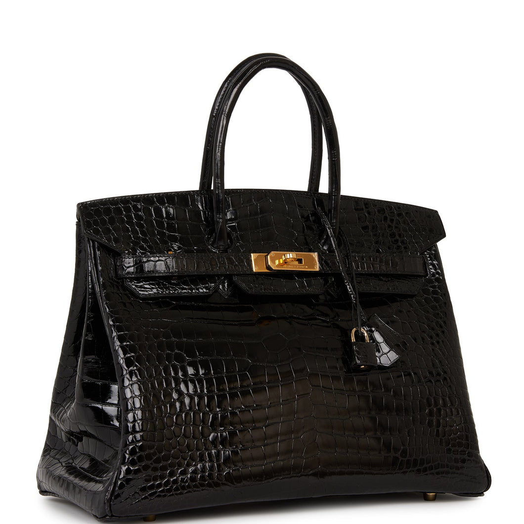 Hermes Birkin 35 Black Shiny Porosus Crocodile Gold Hardware