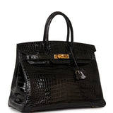 Hermes Birkin 35 Black Shiny Porosus Crocodile Gold Hardware