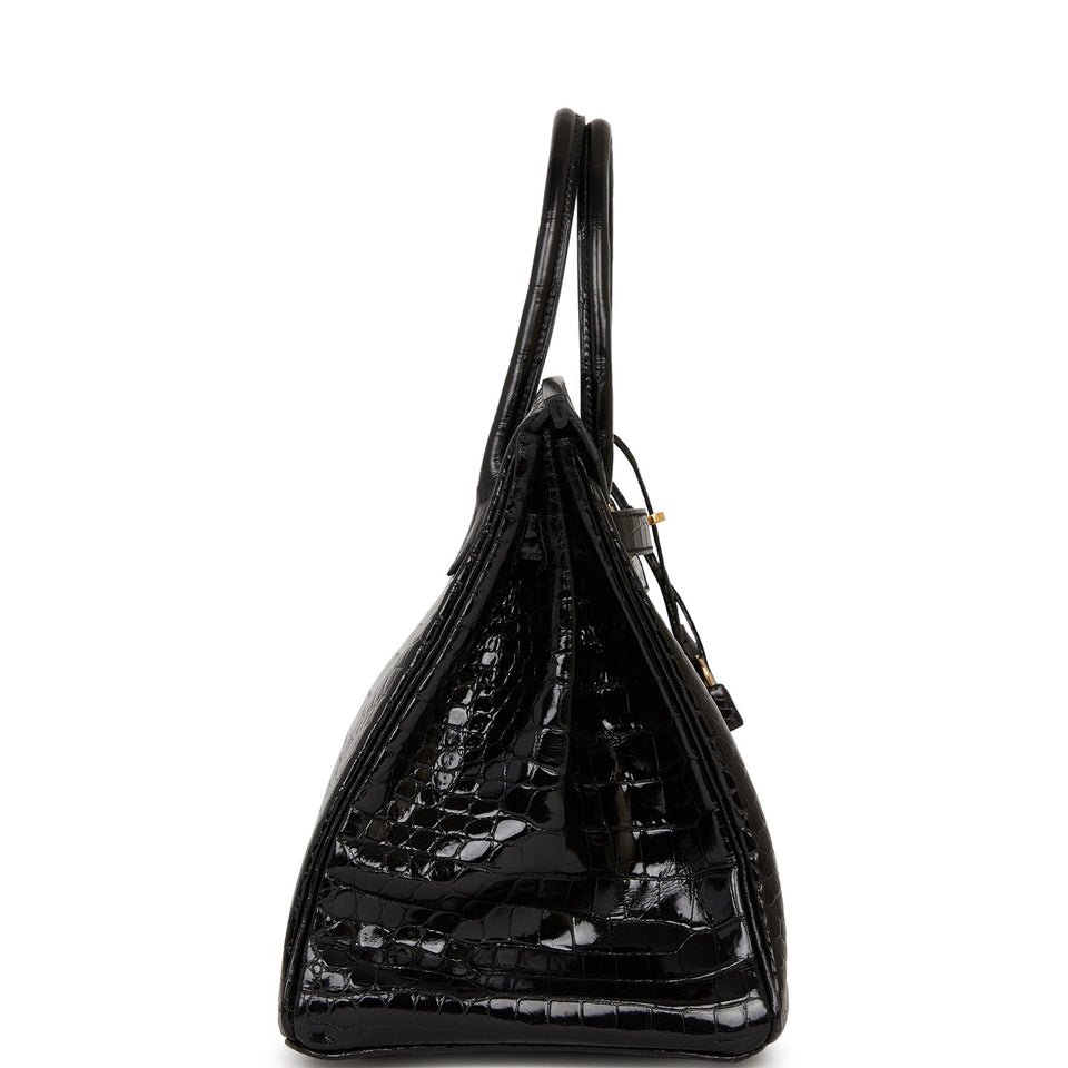 Hermes Birkin 35 Black Shiny Porosus Crocodile Gold Hardware