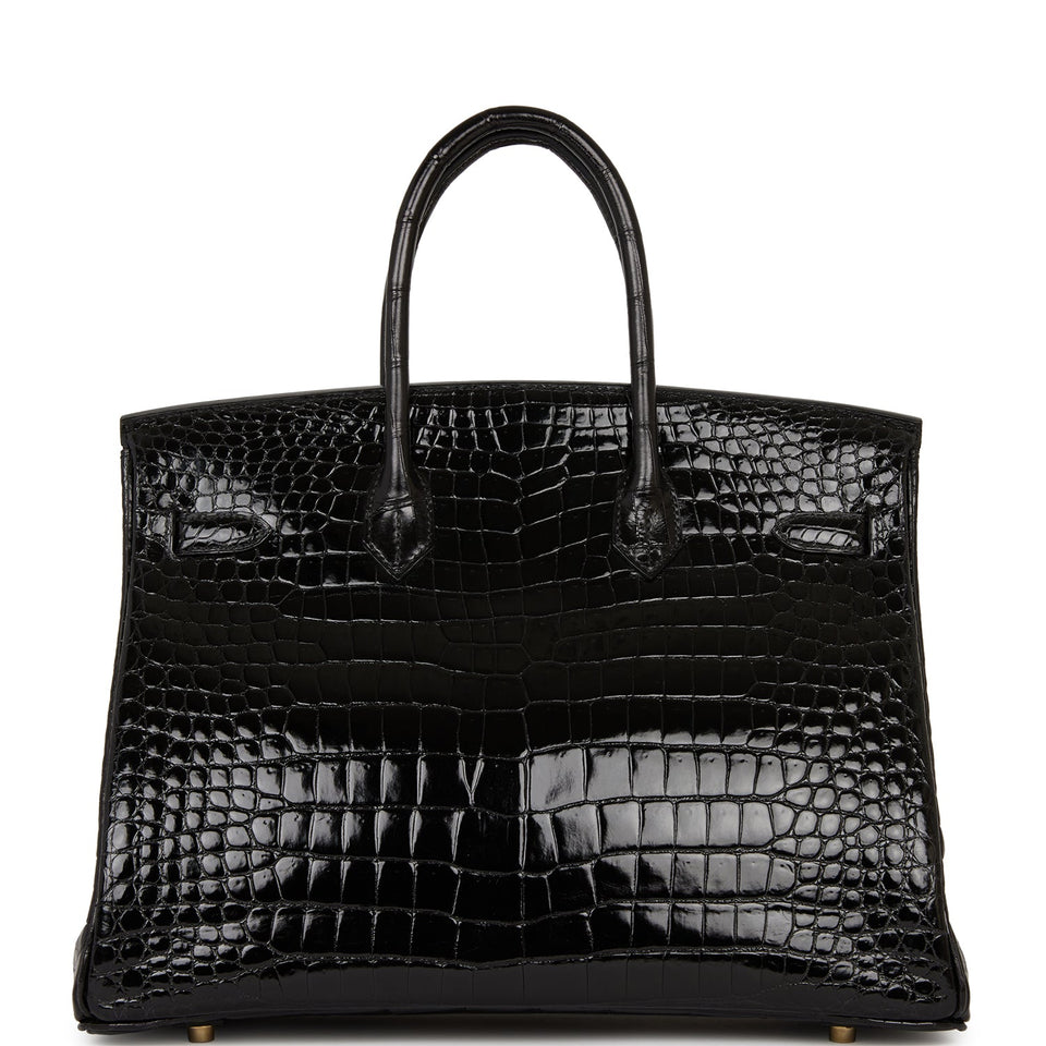 Hermes Birkin 35 Black Shiny Porosus Crocodile Gold Hardware