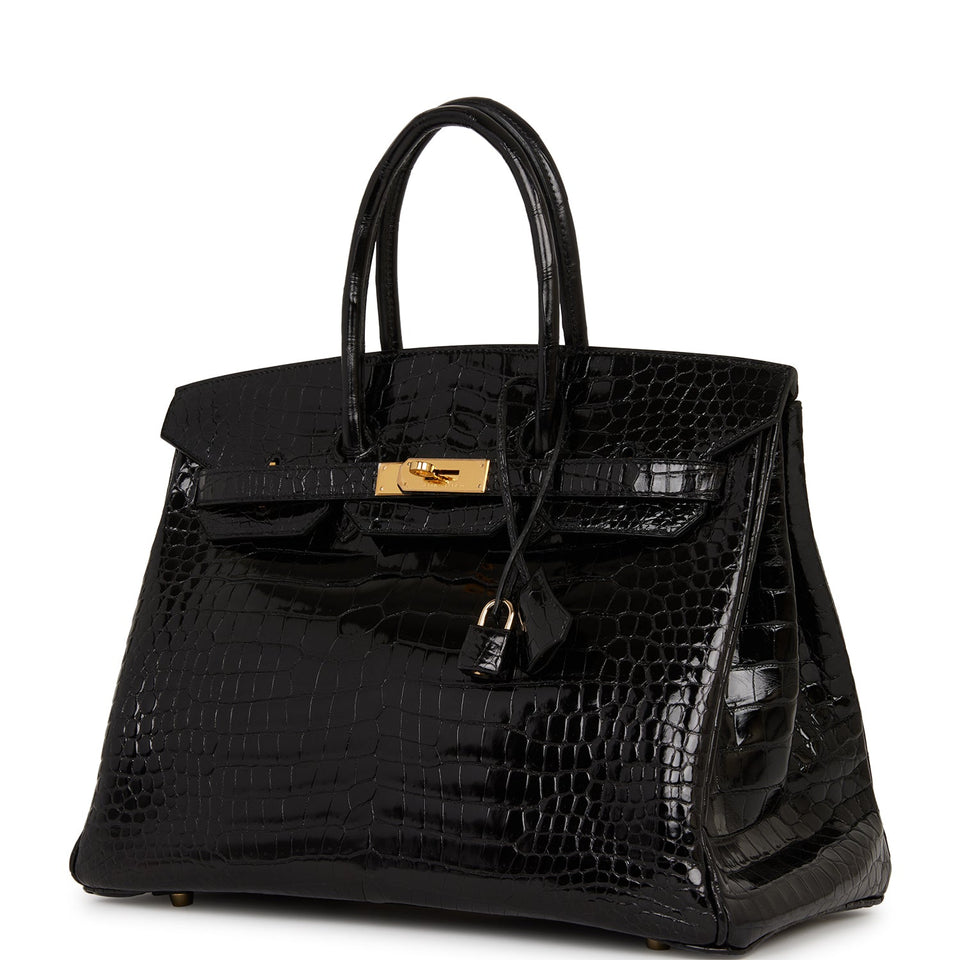 Hermes Birkin 35 Black Shiny Porosus Crocodile Gold Hardware