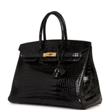 Hermes Birkin 35 Black Shiny Porosus Crocodile Gold Hardware