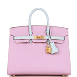 Hermes Special Order (HSS) Birkin Sellier 25 Mauve Sylvestre and Bleu Brume Epsom Brushed Gold Hardware