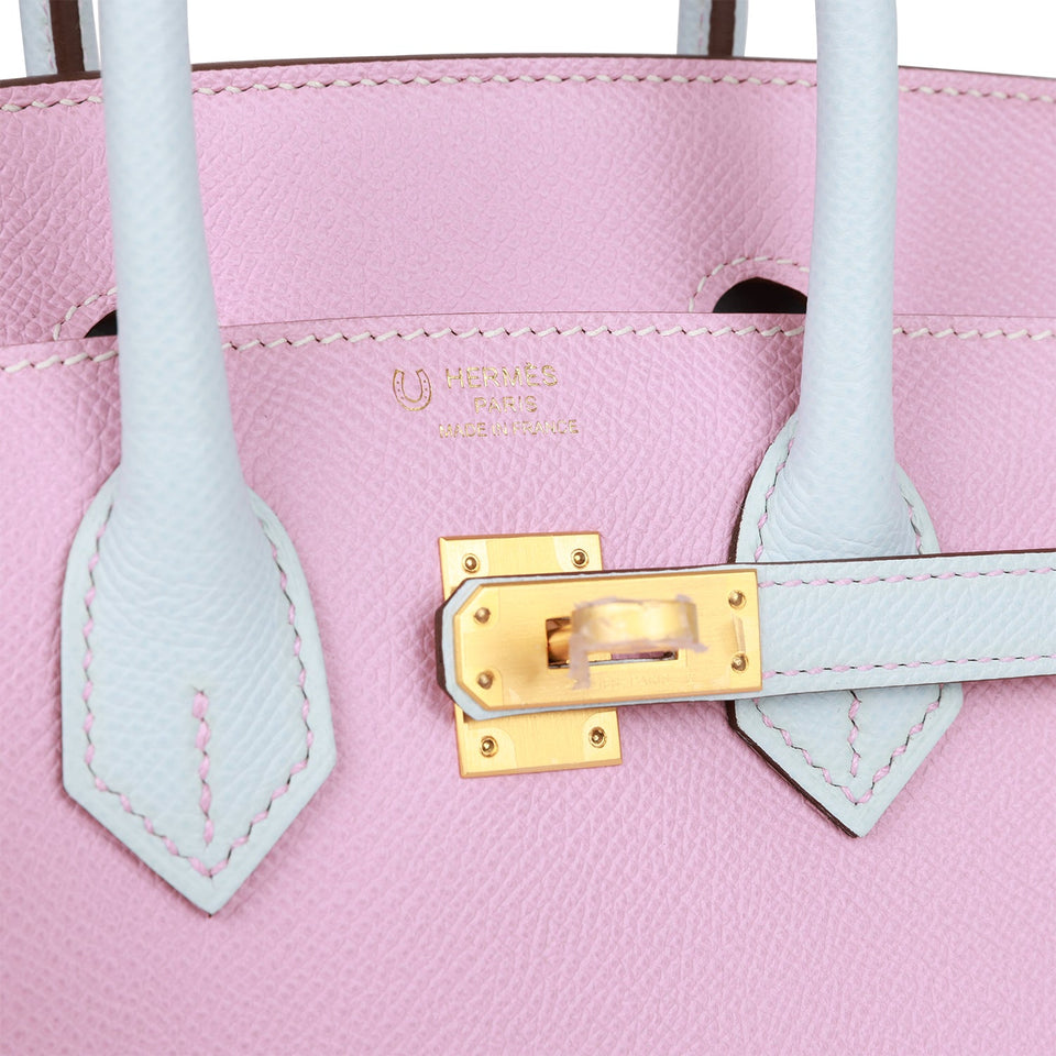 Hermes Special Order (HSS) Birkin Sellier 25 Mauve Sylvestre and Bleu Brume Epsom Brushed Gold Hardware