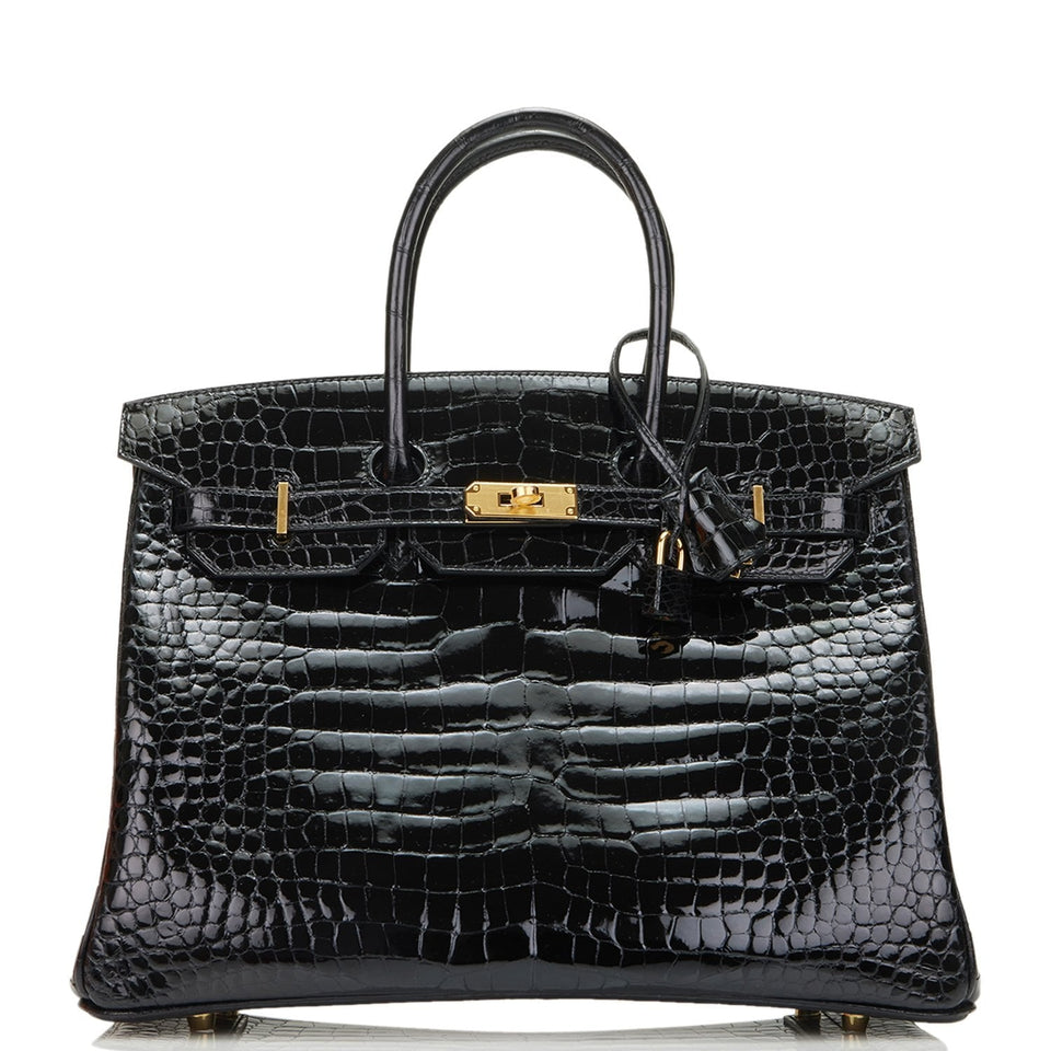 Hermes Birkin 35 Black Shiny Porosus Crocodile Gold Hardware
