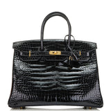 Hermes Birkin 35 Black Shiny Porosus Crocodile Gold Hardware