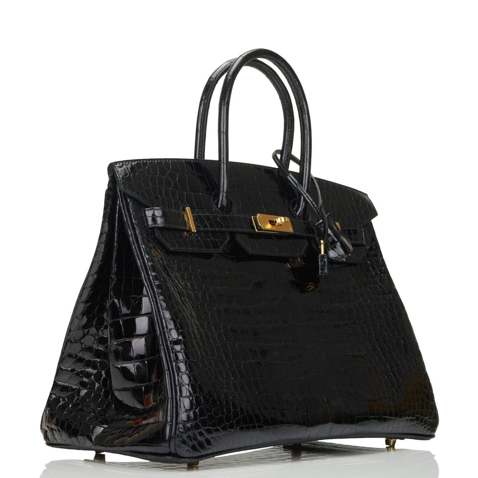 Hermes Birkin 35 Black Shiny Porosus Crocodile Gold Hardware