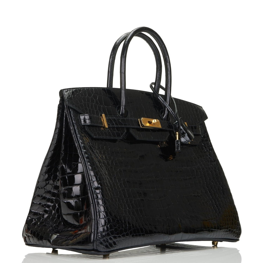 Hermes Birkin 35 Black Shiny Porosus Crocodile Gold Hardware