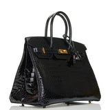 Hermes Birkin 35 Black Shiny Porosus Crocodile Gold Hardware