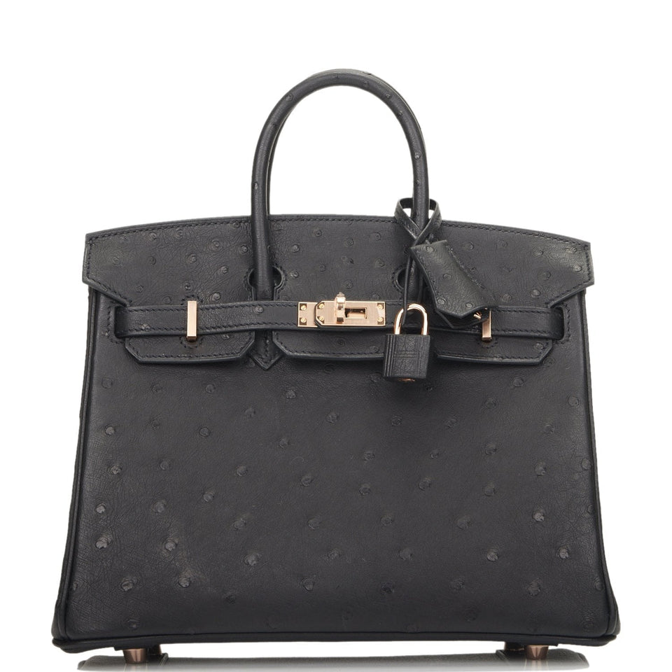 Hermes Birkin 25 Black Ostrich Rose Gold Hardware