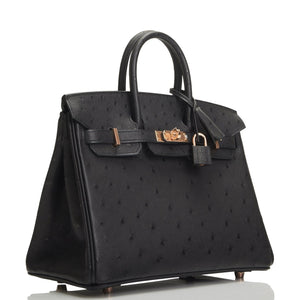 Hermes Birkin 25 Black Ostrich Rose Gold Hardware