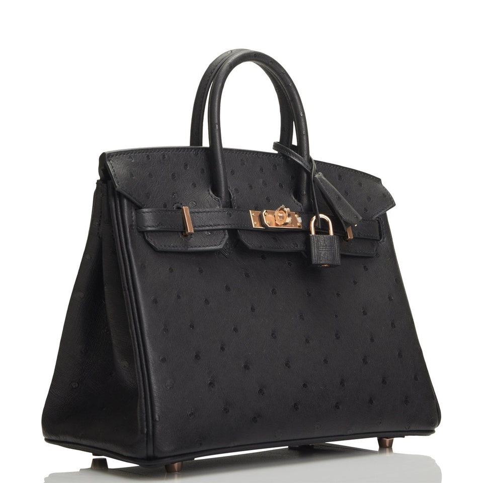 Hermes Birkin 25 Black Ostrich Rose Gold Hardware