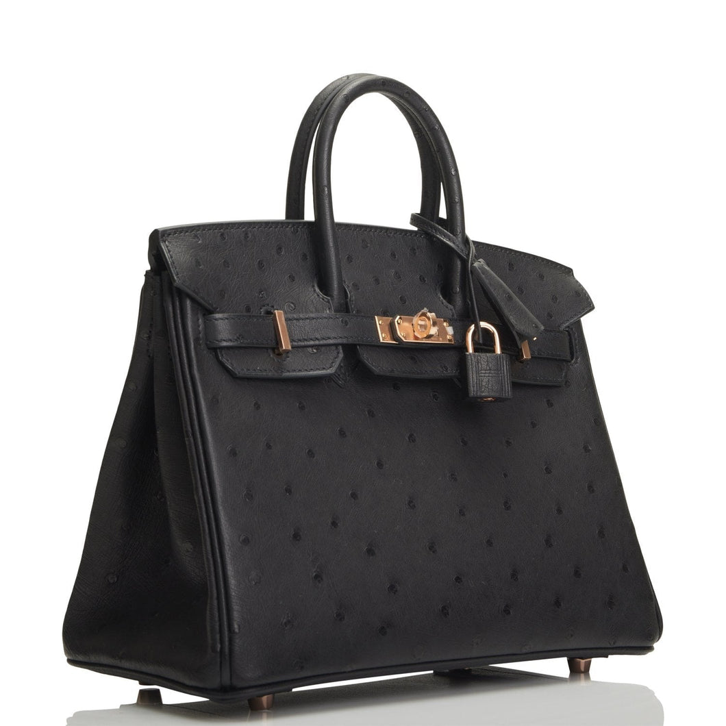 Hermes Birkin 25 Black Ostrich Rose Gold Hardware