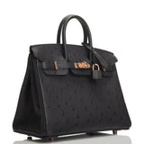 Hermes Birkin 25 Black Ostrich Rose Gold Hardware