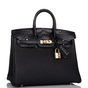 Hermes Birkin 25 Black Matte Alligator and Togo Touch Rose Gold Hardware