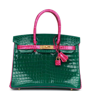 Hermes Special Order (HSS) Birkin 30 Emerald and Rose Scheherazade Shiny Niloticus Crocodile Brushed Gold Hardware