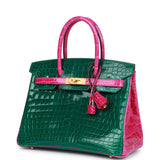 Hermes Special Order (HSS) Birkin 30 Emerald and Rose Scheherazade Shiny Niloticus Crocodile Brushed Gold Hardware