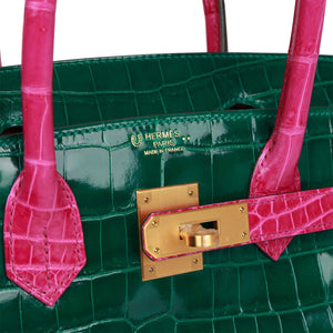 Hermes Special Order (HSS) Birkin 30 Emerald and Rose Scheherazade Shiny Niloticus Crocodile Brushed Gold Hardware