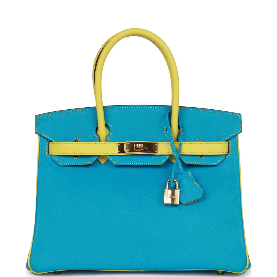 Hermes Special Order (HSS) Birkin 30 Bleu Turquoise and Lime Chevre Gold Hardware