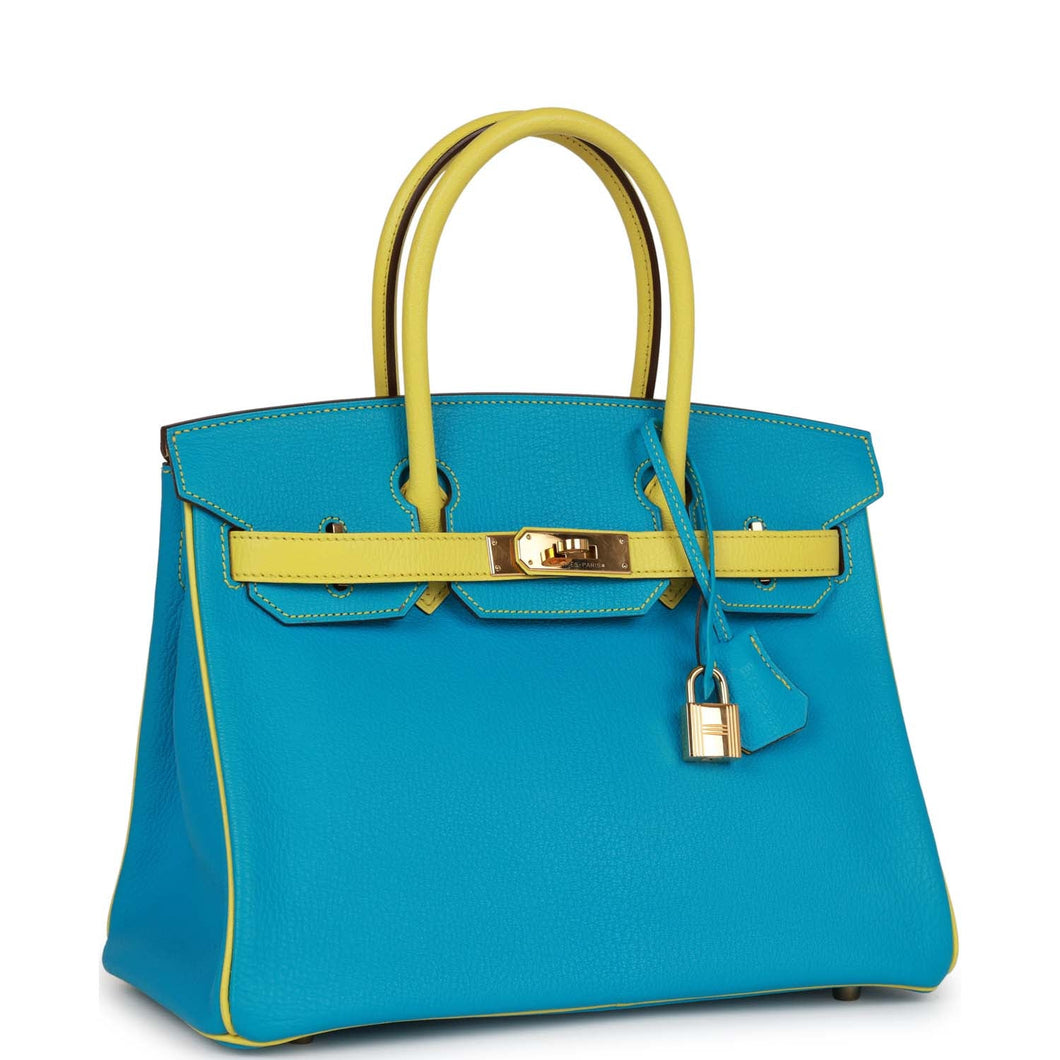 Hermes Special Order (HSS) Birkin 30 Bleu Turquoise and Lime Chevre Gold Hardware