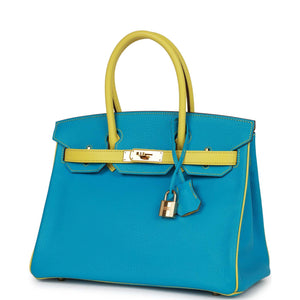 Hermes Special Order (HSS) Birkin 30 Bleu Turquoise and Lime Chevre Gold Hardware