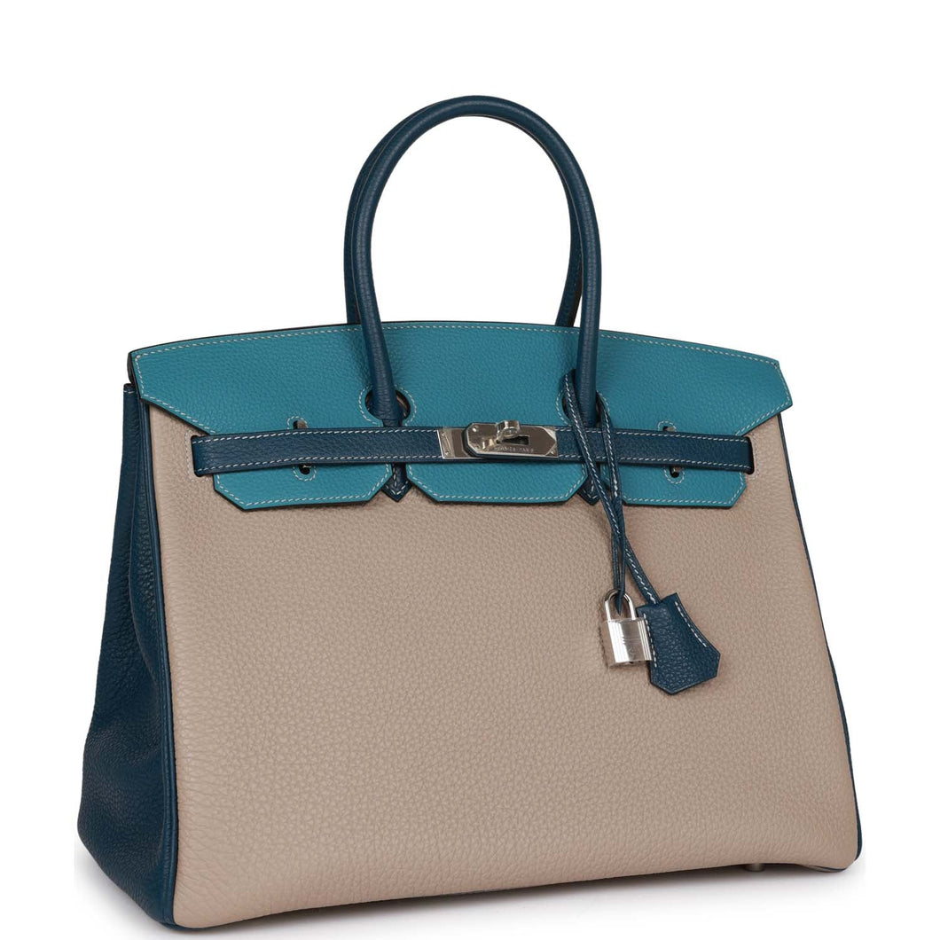 Hermes Special Order (HSS) Birkin 35 Tricolor Gris Tourterelle, Bleu Jean, and Bleu de Malte Clemence Palladium Hardware