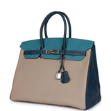 Hermes Special Order (HSS) Birkin 35 Tricolor Gris Tourterelle, Bleu Jean, and Bleu de Malte Clemence Palladium Hardware