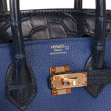 Hermes Birkin 25 Bleu Marine Matte Alligator and Bleu Saphir Novillo Touch Rose Gold Hardware