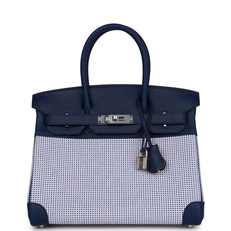 Hermes Quadrille Birkin 30 Bleu Saphir Swift and Ecru Mauve Toile Palladium Hardware