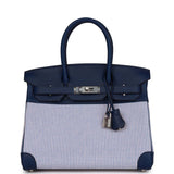 Hermes Quadrille Birkin 30 Bleu Saphir Swift and Ecru Mauve Toile Palladium Hardware