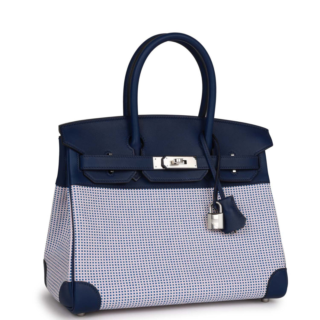 Hermes Quadrille Birkin 30 Bleu Saphir Swift and Ecru Mauve Toile Palladium Hardware