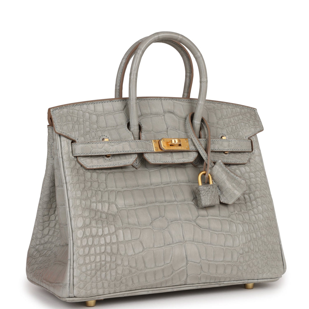 Hermes Special Order (HSS) Birkin 25 Gris Perle Verso Matte Alligator Brushed Gold Hardware