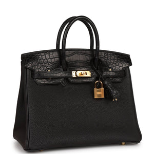 Hermes Birkin 25 Black Matte Alligator and Togo Touch Gold Hardware