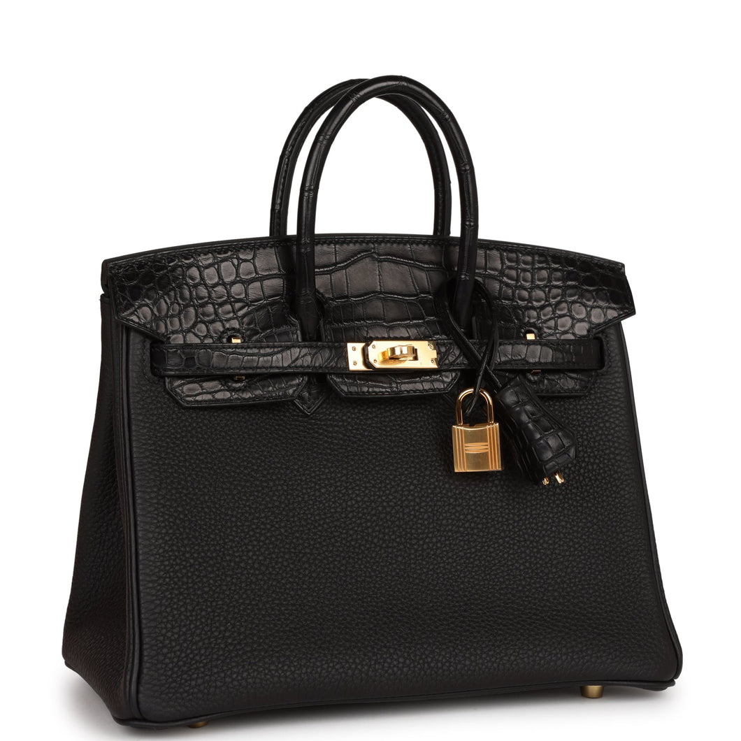 Hermes Birkin 25 Black Matte Alligator and Togo Touch Gold Hardware