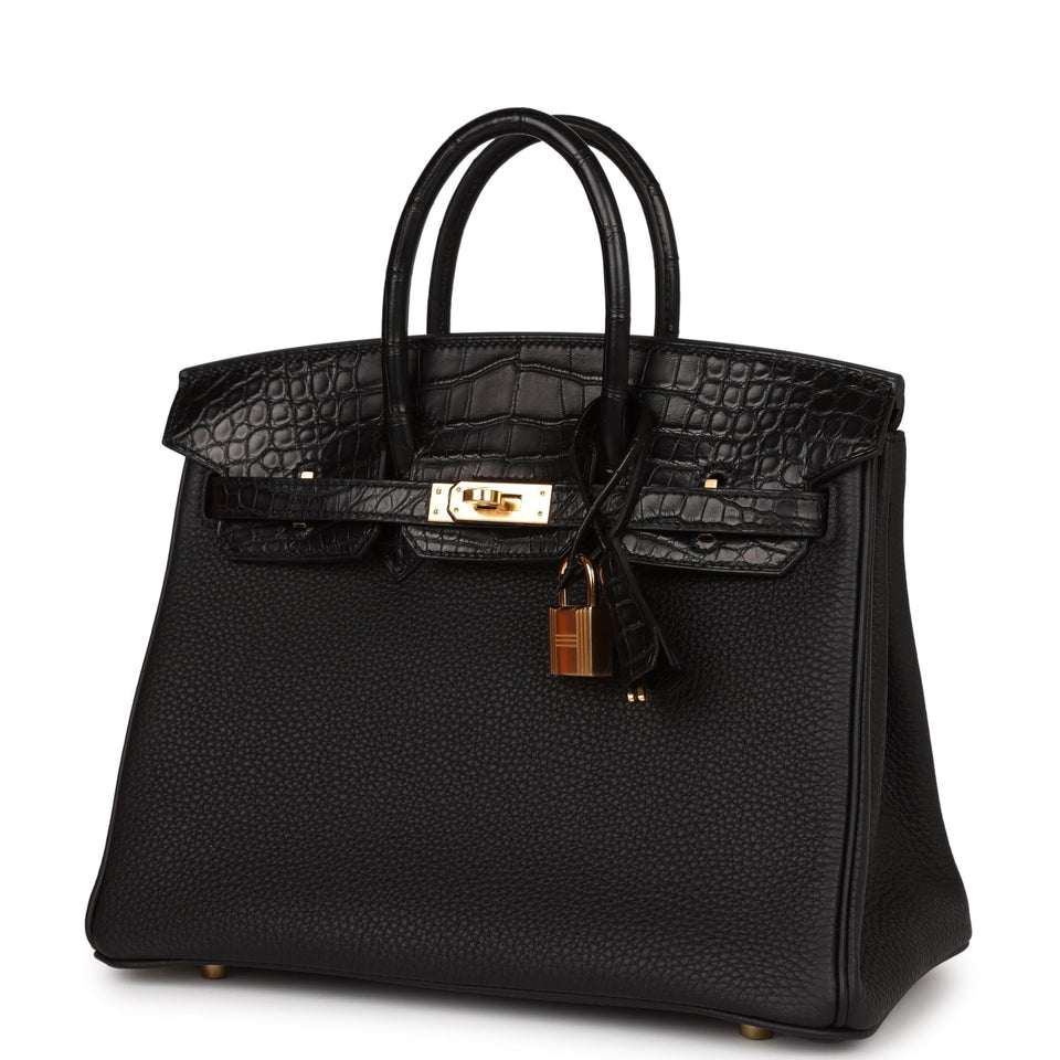 Hermes Birkin 25 Black Matte Alligator and Togo Touch Gold Hardware