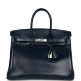 Hermes Birkin 35 Bleu De Prusse Box Calf Guilloch Palladium Hardware