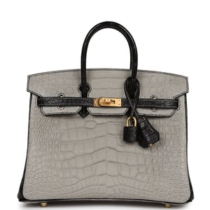 Hermes Special Order (HSS) Birkin 25 Gris Perle and Black Matte Alligator Brushed Gold Hardware