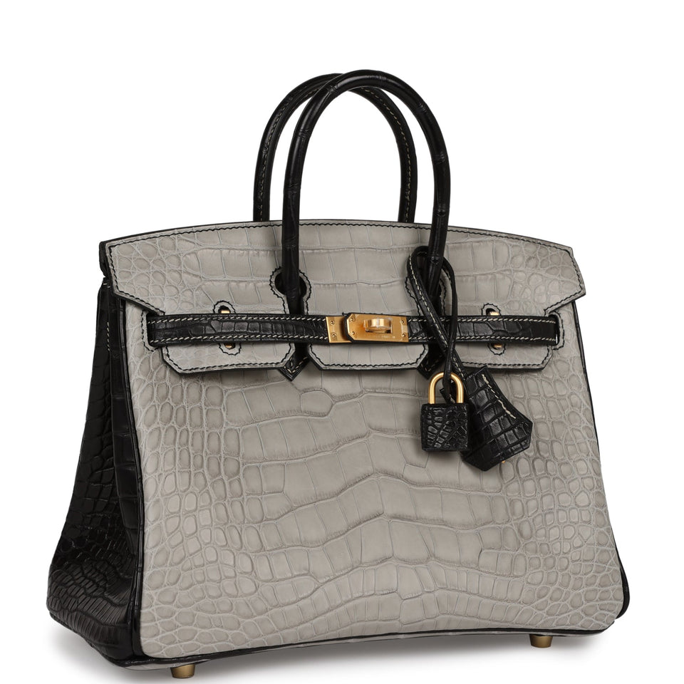 Hermes Special Order (HSS) Birkin 25 Gris Perle and Black Matte Alligator Brushed Gold Hardware