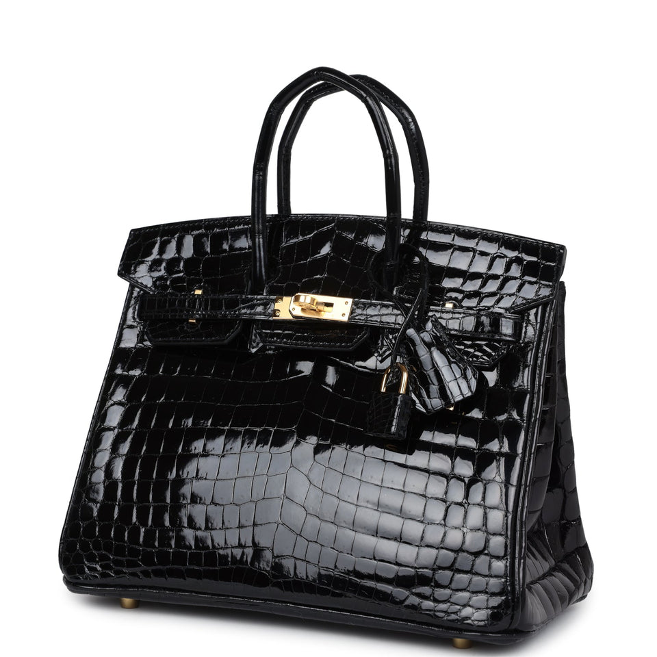 Hermes Birkin 25 Black Shiny Niloticus Crocodile Gold Hardware