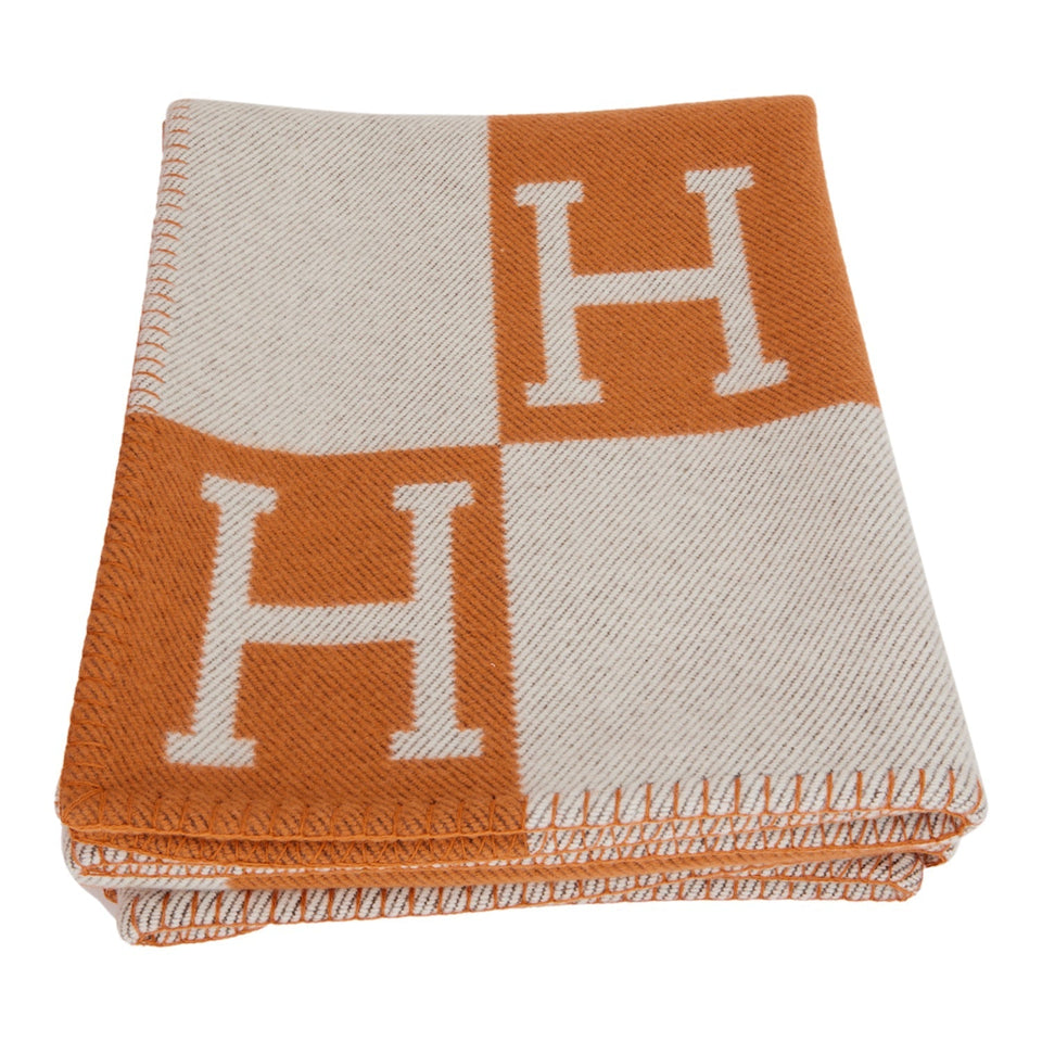 Hermes "Classic Avalon" Ecru and Orange H Blanket
