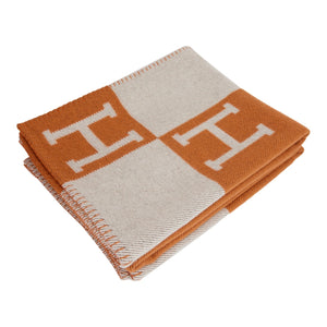 Hermes "Classic Avalon" Ecru and Orange H Blanket