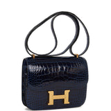 Hermes Constance 18 Bleu Saphir Shiny Alligator Gold Hardware