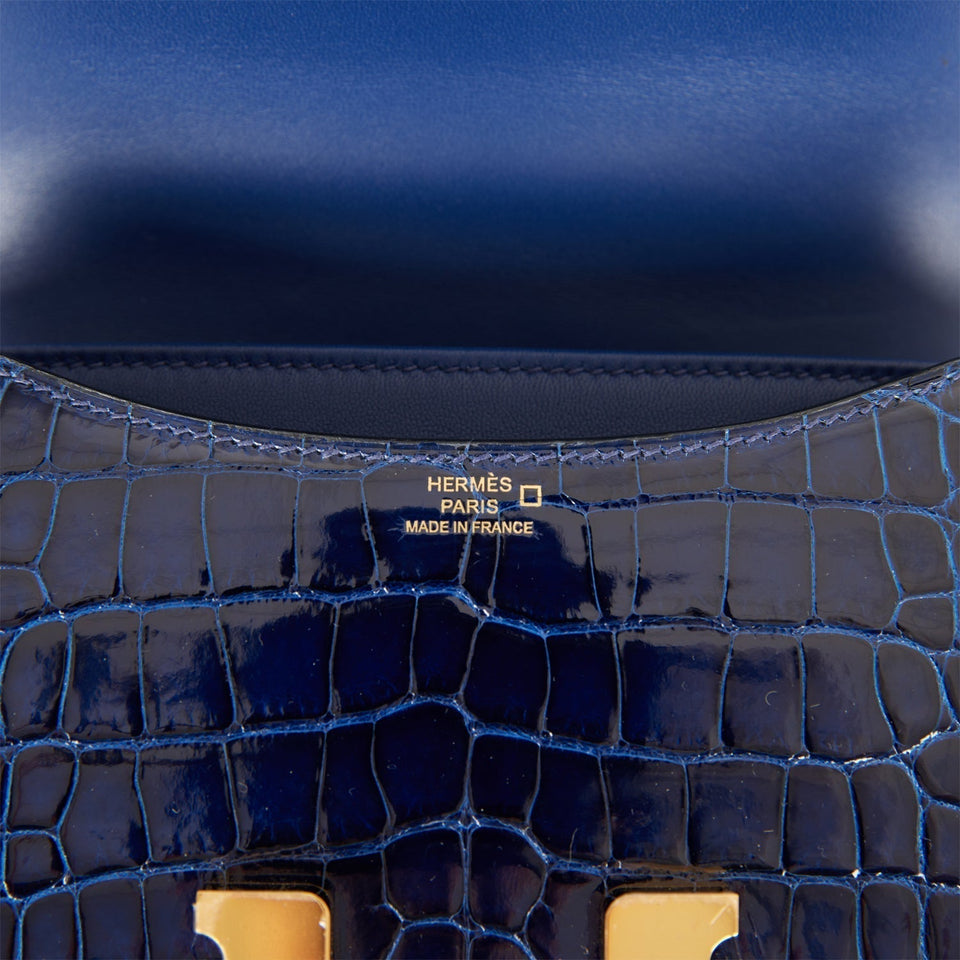 Hermes Constance 18 Bleu Saphir Shiny Alligator Gold Hardware