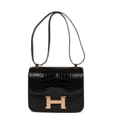 Hermes Constance 24 Black Shiny Alligator Rose Gold Hardware