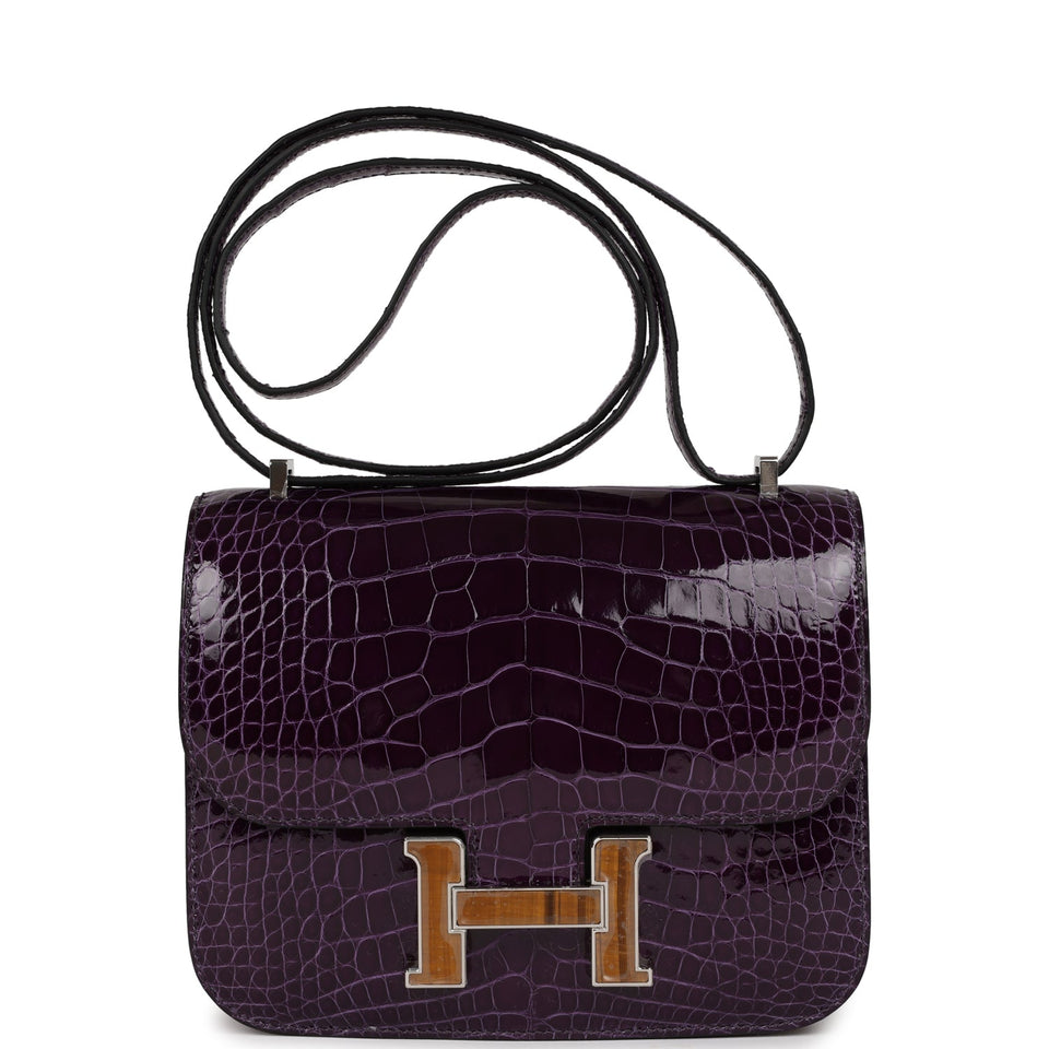 Hermes Constance 18 Amethyst Shiny Alligator Tigers Eye Quartz Palladium Hardware
