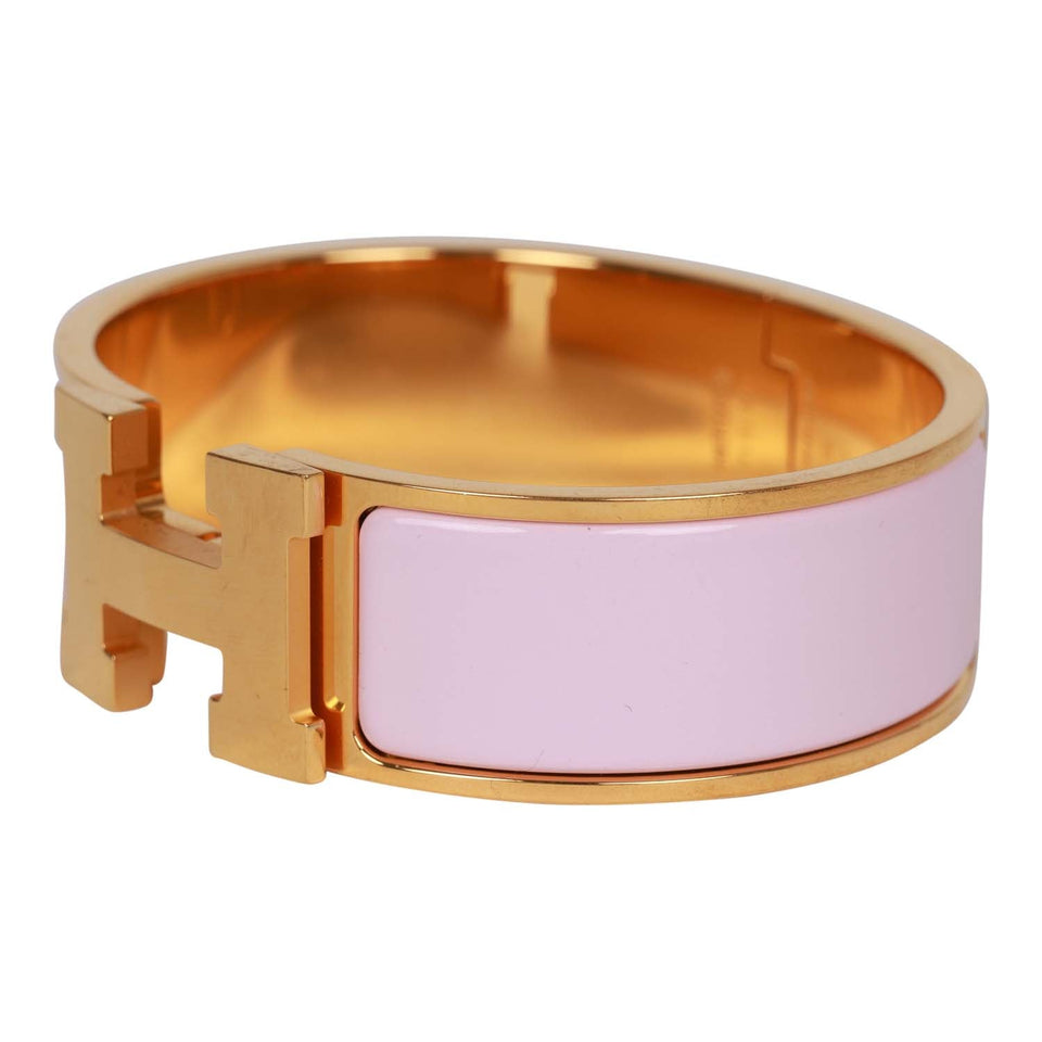 Hermes "Rose Dragee" Wide Enamel Bracelet GM Gold Hardware