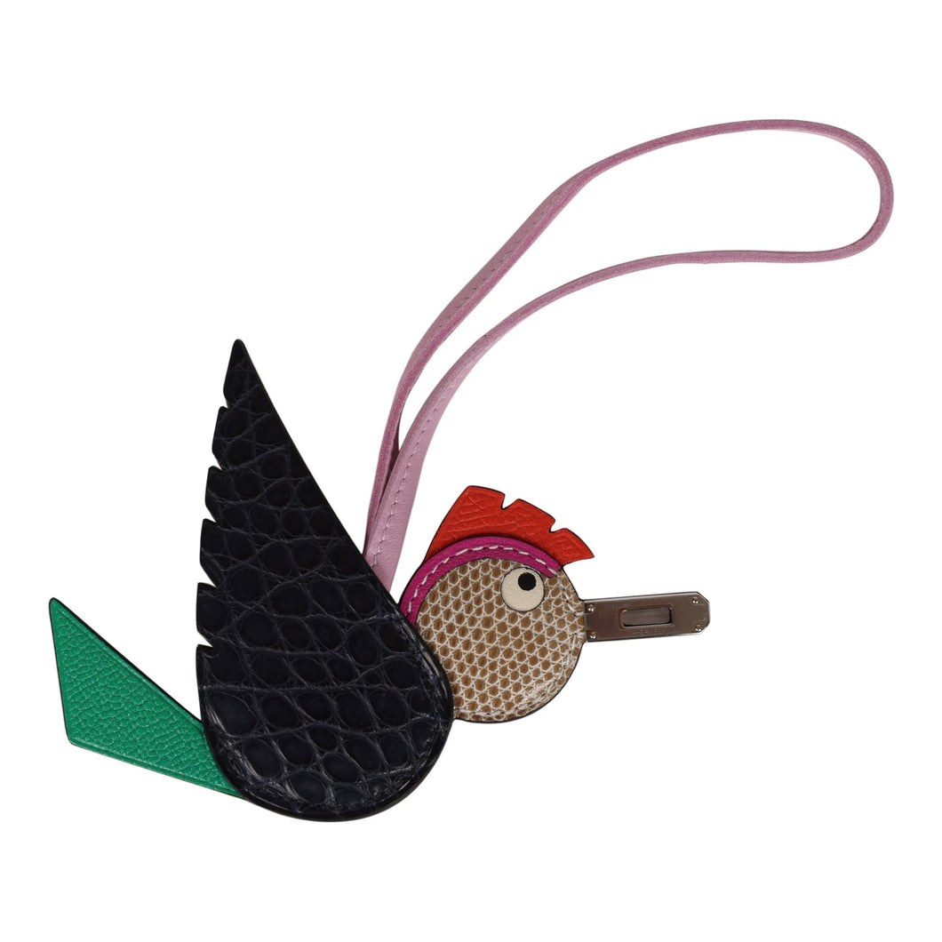 Hermes Birdy Charm Bleu Marine Matte Alligator and Etoupe Lizard Palladium Hardware