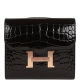 Hermes Constance Compact Wallet Black Shiny Alligator Rose Gold Hardware